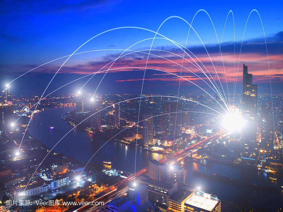 商業(yè)網(wǎng)絡(luò)連接概念和城市Wi-Fi。技術(shù)交流。背景模糊了首都的建筑。